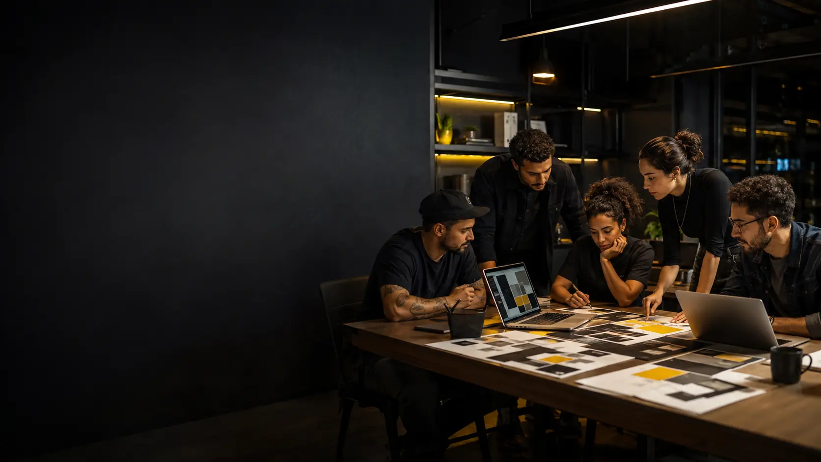 Equipe criativa trabalhando em um projeto de marca